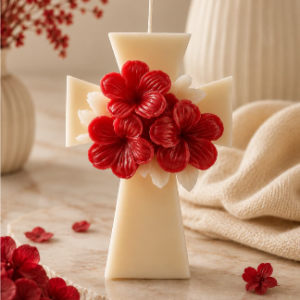 Vela Religiosa en Forma de cruz y flores en vela